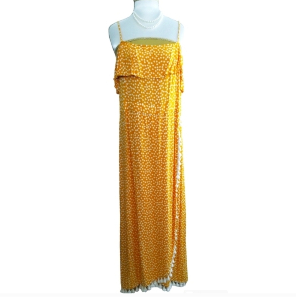 THML Yellow White Daisy Floral Print Tassel Spaghetti-Strap Wrap Boho Maxi Dress